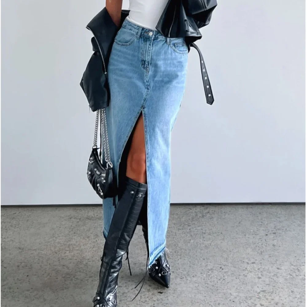 White Fox Boutique Take My Picture Denim Maxi Skirt – Blue Wash - Picture 1 of 10